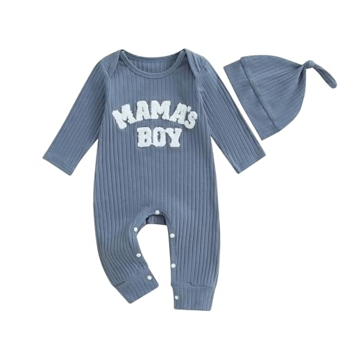Image of Mandizy Infant Baby Boy Romper Coming Home Outfit Long Sleeve Letter Embroidered Jumpsuit Hat 2Pcs Ribbed Knitted Clothes Set