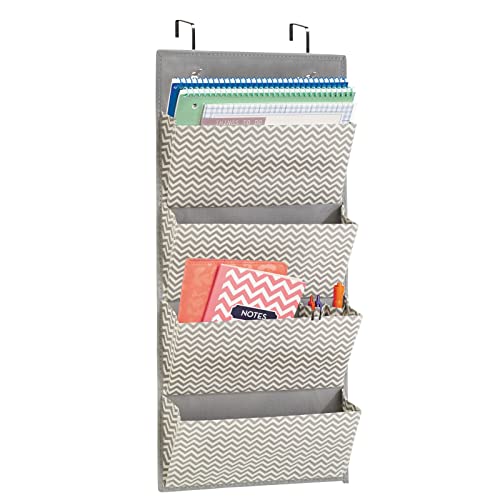 mDesign Over the Door Fabric Office Supplies Storage Organizer for Notebooks, Planners, File Folders - 4 Pockets, Taupe/Natural