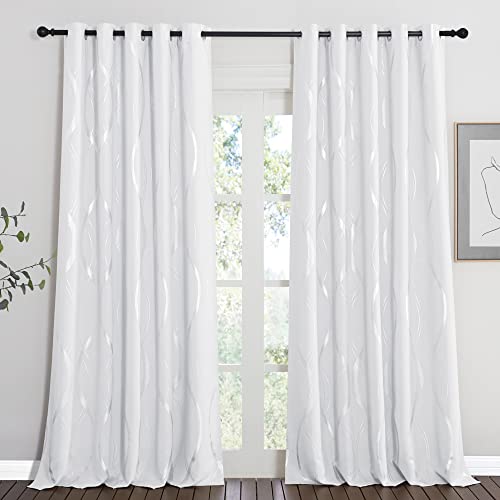 PONY DANCE Blackout Silver Wave Line Curtains, Thermal for Living Room Door Bedroom Kids, Greyish White, 66 Inch Wide