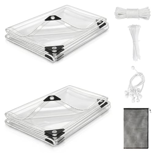GPtzlei Clear Tarpaulin Heavy Duty 240GSM 2.4m x 3m Waterproof & UV Resistant Transparent PVC Tarp with Reinforced Grommets Includes Rope Bungee Cords & Straps Garden Pergola Chicken Coop