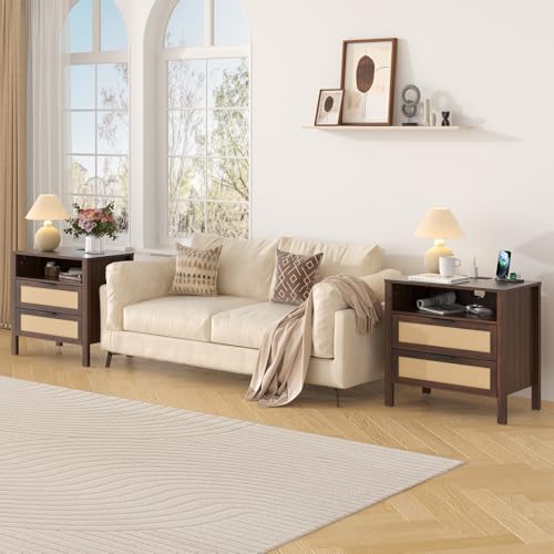HOMMPA Rattan Night Stand with Charger Station, 26'' Wide Boho Nightstand with 2 Drawer, Modern Bedside Table with USB Port & AC Outlet, Bed Side End Table Dresser with Open Shelf for Bedroom, Walnut - image 7
