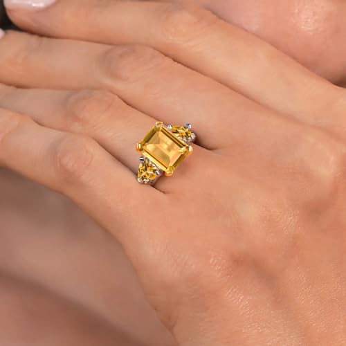 Gem Stone King 925 Sterling Silver and 10k Yellow Gold Yellow Citrine 3 Stone Engagement Ring For Women (3.91 Cttw, Emerald Cut Cut 10X8MM, Available In Size 5, 6, 7, 8, 9)4