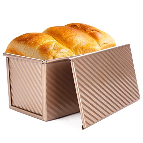 Pullman Loaf Pan With Lid, Beasea Non-Stick Bakeware for Baking Bread, Carbon Steel Corrugated Bread Toast Box Mold With Cover Baking Tools Bread Mold Toast Baking Cake Mold for Oven Baking -Gold