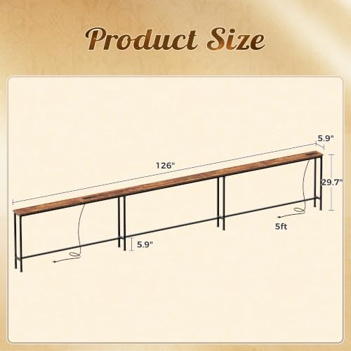Image of Huuger 126 Inch Sofa Table with Power Outlets, Skinny Behind Couch Table