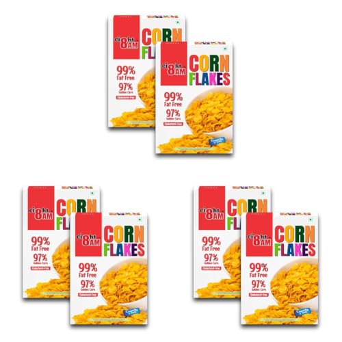 Image of 8 AM Corn Flakes 500 Gram (Pack Of 6), 97% Corn, 99% Fat Free, No Cholesterol, Trans Fat, Artificial Additives, Vitamins B1, B2, B3, B6, B9, Iron, Calcium, Crunchy & Nutritious Cereal