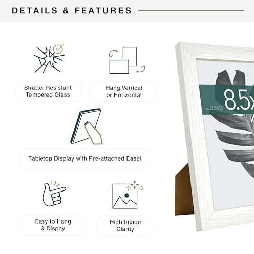 MCS Studio Gallery 8.5x11 Picture Frame White Woodgrain, Rectangle Photo Frame for Photos, Posters & Art Prints & Easel for Tapletop Display (1-Pack)
