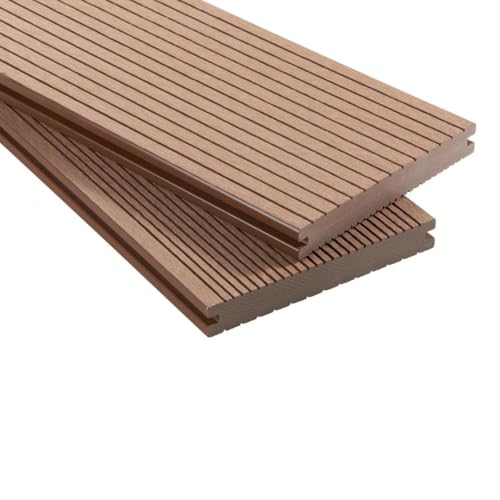 WPC Terrassendielen Massiv Dielen - Komplett-Set Hellbraun | 12 m² (3m x 4m) Holz-Brett Dielen...