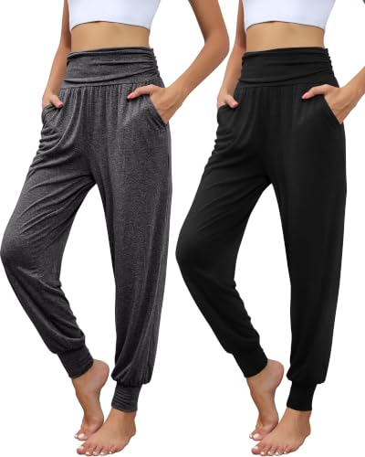Locoowai 2 Pack Women's Yoga Joggers, Cozy Sweatpants with Pockets Casual Loose Comfy High Waisted Lounge Pants(Black, Dark Gray,Small)
