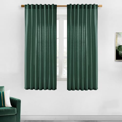 Image of XTMYI Dark Green Curtains for Bathroom Set Decor,Linen Sheer Leaf Green Boho Curtains for Kitchen 63 Inch Length 2 Panels,Deep Pine