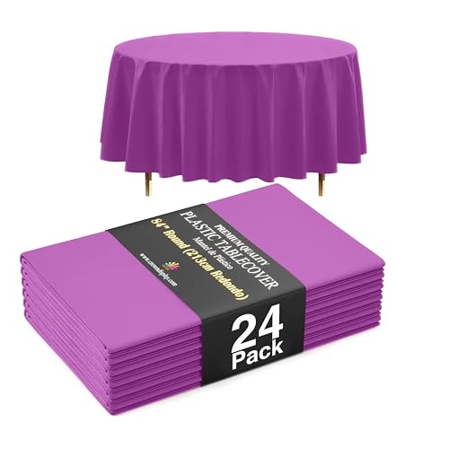 Image of Exquisite 66% Thicker Premium Magenta Round Tablecloth 0.5 Mil 24 Pack Plastic Table Cloth Disposable 84 Inch Round Plastic Tablecloth Won't Tear Easily Like Cheap Thin Brands
