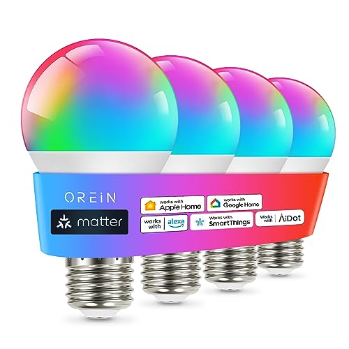 OREiN Matter Smart Light Bulb, Smart Light Bulbs Work with Apple Home, Alexa, Google Home, SmartThings, A19 Color Changing Light Bulbs 2.4Ghz WiFi, 800 Lumens Equivalent 60W 4Pack