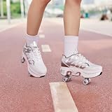 Wrotki dla dzieci, buty z kołami dla dziewczynek, wrotki 2w1 z ukrytymi kołami - czterokołowe wrotki do fitness, rekreacji i jazdy miejskiej - dla kobiet i mężczyzn, białe-40