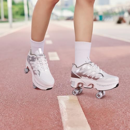 Wrotki dla dzieci, buty z kołami dla dziewczynek, wrotki 2w1 z ukrytymi kołami - czterokołowe wrotki do fitness, rekreacji i jazdy miejskiej - dla kobiet i mężczyzn, białe-40