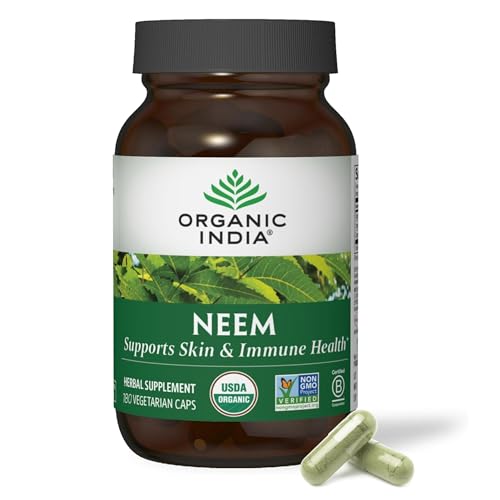 ORGANIC INDIA Neem Leaf Capsules, Herbal Supplement - Supports Skin, Immune, & Liver Health, Detox, Vegan, Gluten-Free, USDA Certified Organic - 180 Capsules