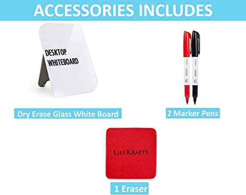 Image of LifeKrafts Dry Erase Glass Whiteboard | Desktop Easel Board for Office, Home, School, Adults & Kids | Tabletop Writing Board | Reusable Marker Board | 2 Pens & 1 Eraser | 8.5x12 Inches | Pack of 1