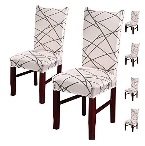 Image of House of Quirk Elastic Chair Cover Stretch Removable Washable Short Dining Chair Cover Protector Seat Slipcover (Pack of 6, Beige Linen)