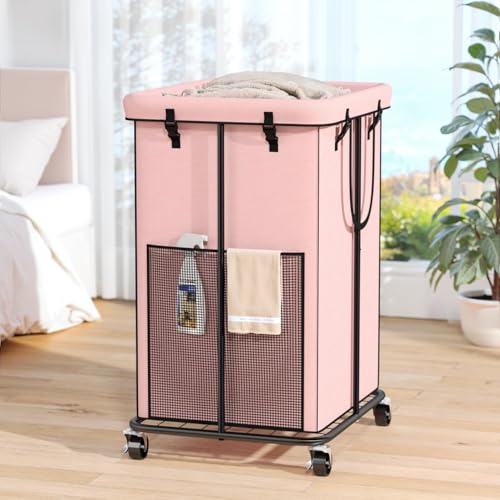 Image of 150L Laundry Hamper with Wheels, Rolling Laundry Basket with Metal Frame and Removable Bag, Large & Tall Dirty Clothes Hampers for Bedroom Aesthetic, Laundry Room, Bathroom, Dorm-Pink