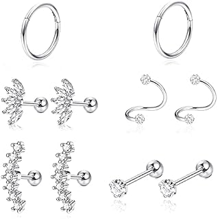 Huacan Tragus Earrings, 10Pcs Stainless Steel Cubic Zirconia Cartilage Earrings Helix Earrings Studs Set for Women Men 1.2/1.6mm