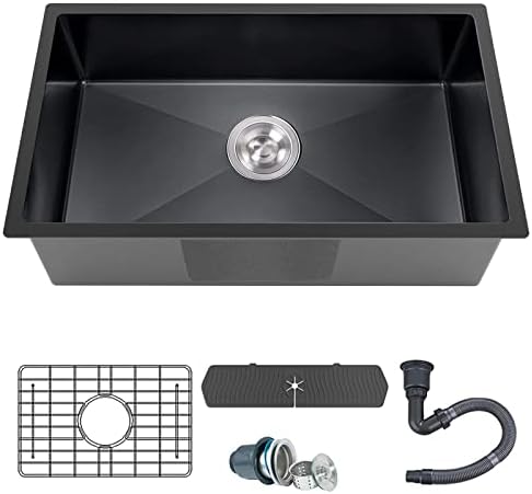 Black Kitchen Sink, Undermount Stainless Steel Bar Sink 32x19x9 Inch Drop In Single Bowl Kitchen Sink With Accessories-Sink Grid,Silicon Faucet Mat,Drain Assembly Set For Modern Kitchen Sink