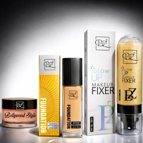 Beauzy Makeup Combo | Natural Beige Waterproof Foundation 30ml + Glow Up Makeup Fixer 100ml + Bollywood Style Primer 15g | Long Lasting Flawless Base & Glow Finish | (Gold)