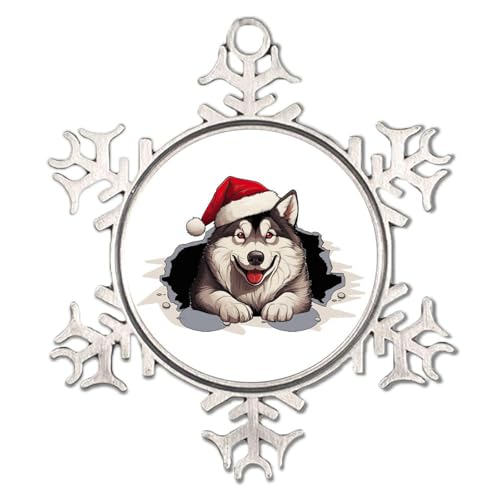 Peeking Alaskan Malamute - Adornos colgantes para árbol de Navidad, adorno redondo para árbol de Navidad, raza de perro, perro, niño, animal, recuerdo único, para amantes de los perros, sombrero rojo