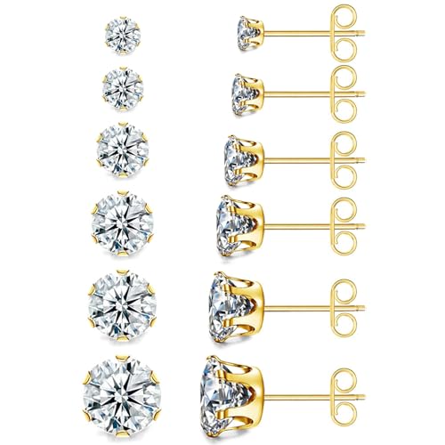 6 Paires Boucle d'Oreille Acier Inoxydable Zircone Cubique Clous d'Oreilles Or Piercing Oreille...