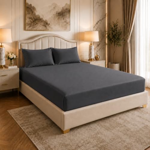 Image of LINENWALAS 100% Cotton Fitted Bedsheet, 400tc Long Staple Imported Egyptian Cotton, Premium Bed Sheet with Pillowcase for Single Bed All-Around Elastic for 4-8 Inch Mattresses (36 inch x78 inch, Dark Grey)