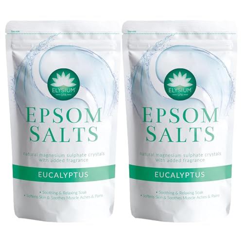 Elysium Spa Epsom Salts Eucalyptus 1kg Pack of 2 Body Detox Bath Soak Relaxing Sleep Promoting Rest Musle Pain Ache Relief Mineral Magnesium Crystals with Welari Thank You Card | (2pack) (2000g)