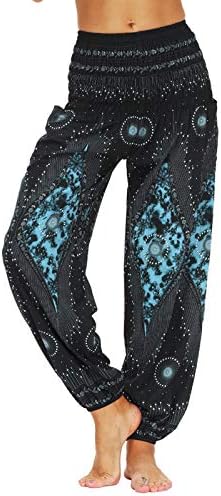 Nuofengkudu Women's Harem Hippie Pants Baggy Boho Patterned High Waist Smocked Waist Thin with Pockets Lounge Trousers for Yoga Summer Beach