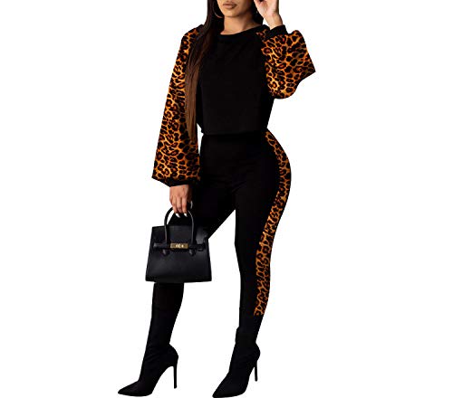 Animal Long Sleeve Two Piece Set Top and Pants Matching Sets Tracksuit Women Fall Winter,Leopard,S