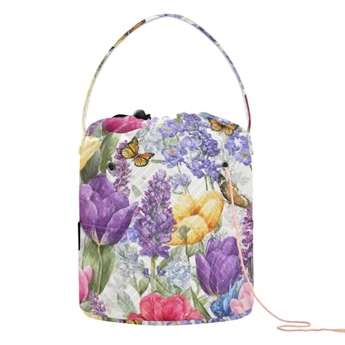 Image of ElliTarr Crochet Bag Yarn Bag with Handle Portable Knitting Project Bag Travel Yarn Storage Organizer Holder Case Tulips Lavenders Purple Butterfly