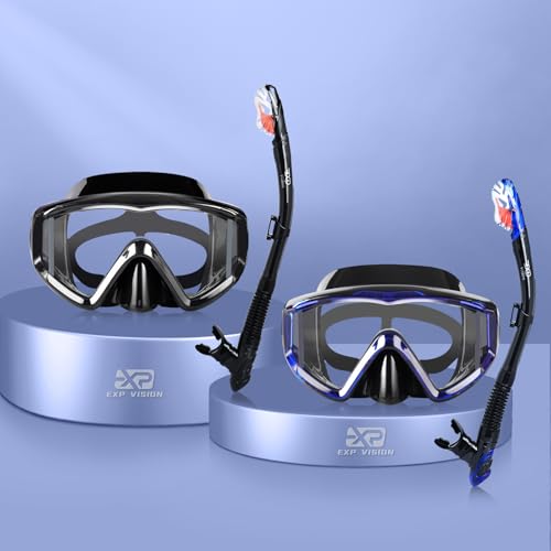 Snorkel Set Pano 3 Window Adult Snorkeling Gear, Professional Snorkel Goggles Anti-Fog Diving Mask, Anti-Leak Swim Goggles and Dry Top Snorkel for Diving, Snorkeling, Swimming (Black+Blue-2 Pack)
