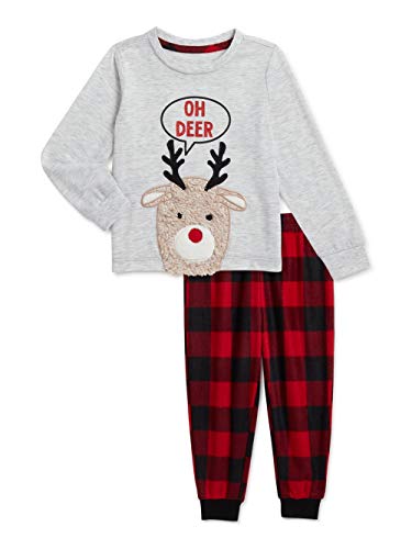 Oh Deer Holiday Time Boy or Girl Unisex Matching Family Pajamas, 2-Piece Set (Medium 8) Red