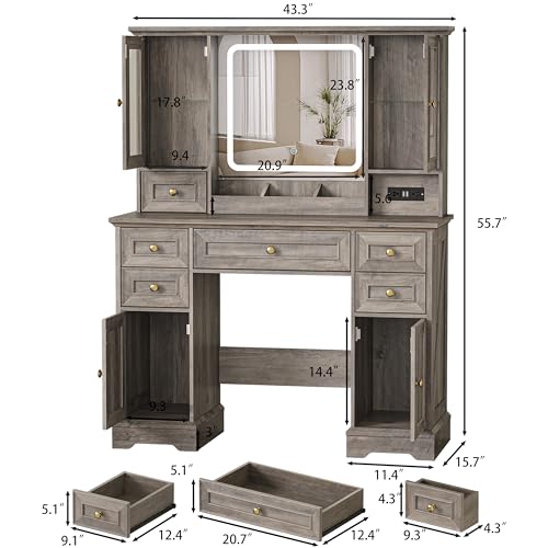 Image of Makeup Vanity Desk with Mirror and Lights, Farmhouse Vanity Table Set with 6 Drawer&Charging Station, Makeup Table with RGB Cabinets, Grey Vanity with Lighted Mirror for Girls Women, 3 Light Modes