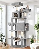 Globlazer Árbol Rascador para Gatos XXL 195 cm Alto con 2 Nidos, 2 Acolchada Percha, Grande Hamaca 50 * 33CM, Cesta, Estable Rascador para Gatos Adultos Descansar Jugar Interior (F76, Gris Claro)