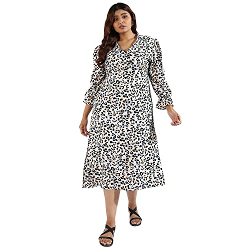 Image of Instafab Plus Women's Multicolour Printed Midi Length Short Sleeve Regular Fit Wrap Dress for Casual Wear | Modern Clothing Dress Crafted with Comfort Fit for Everyday Wear, 3XL