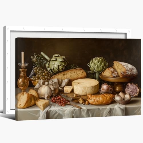 Retro Kitchen room decor Still Life Cheese Bread Artichokes Table
