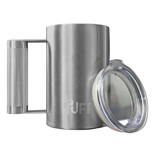 Tuff Mugs Stainless Steel Coffee Mug with Large Knurled Barbell Handle 16 oz Vacuum Insulated Extra-Thick Walls Splash Proof Lid Silver