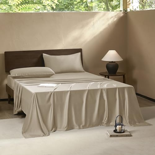 Image of EVERLY Queen Sheets Set,Luxuriously 400 Thread Count Organic Viscose Derived from Bamboo Bed Sheet,Cooling Sheets for Queen Size 4 Piece Deep Pockets Bedding Sheets &Pillowcases-Champagne