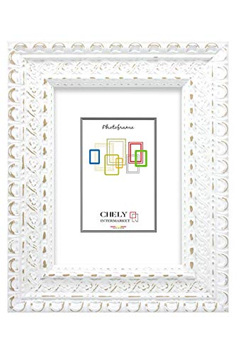 CHELY INTERMARKET | 26A2C | Marcos de fotos 13x18 cm (Blanco) Mod-207 | Estilo galería | Marco de madera estilo barroco ideal para decoración | Fotografías de Boda | moldura con relieve.(0,55)
