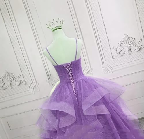 Women Spaghetti Straps Ball Gowns Tulle Long Prom Dresses Glitter Puffy Tiered Formal Evening Party Dress3