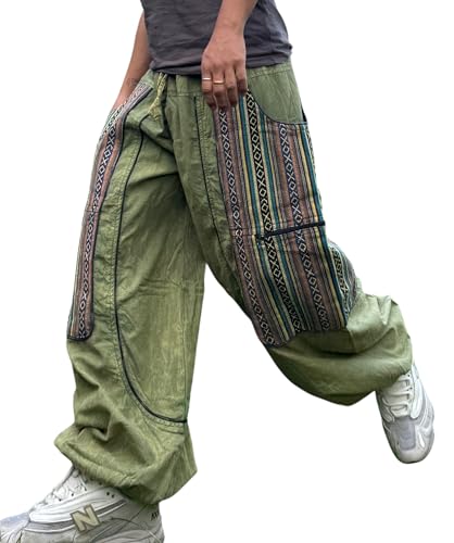 Hippie Cargo Trousers for Men & Women – Baggy Fit Festival Pants with Woven Patchwork – Handmade Cotton Harem Style (UK, Alpha, One Size, Regular, Regular, 100, Green)