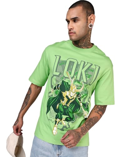 Image of Bewakoof X Marvel Loki Men's Cotton Graphic Print Oversized Fit Half Sleeve Round Neck T-Shirt | Casual Wear | Street Wear | Oversized t Shirt for Men Cotton | Baggy
