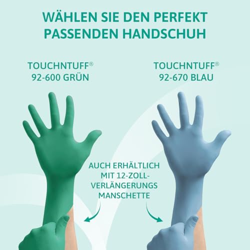 Ansell TouchNTuff 92-600,Nitril- Einmalhandschuhe, Einweghandschuhe für Lebensmittel, Chemikalienschutzhandschuhe mit hohem Schutz, Latexfreie Handschuhe, Grüne Nitrilhandschuhe, 100 Stück, Gr. L