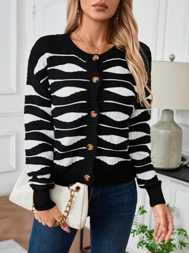 Image of Verdusa Women's Striped Button Up Cardigans Long Sleeve Crew Neck Knitted Cardigan Sweaters Black and White Small