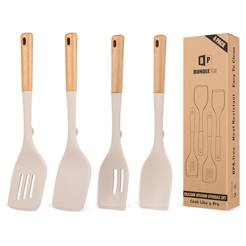 Pack of 4 Silicone Kitchen Utensils Set, Non Stick Solid Spatulas and Heat Resistant Slotted Spoons with Wooden Handle, Ideal BPA Free Cooking Utensils for Mixing,Serving,Turning,Stirring(KHAKI)