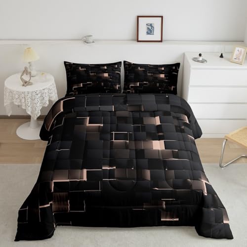 Image of Erosebridal Black and Pink Bedding Set Queen Neon Geometric Checkered Comforter Set for Kids Girls Teen,Tereoscopic Grids Comforter Square Plaid Quilt Duvet Room Decor 3 Pcs
