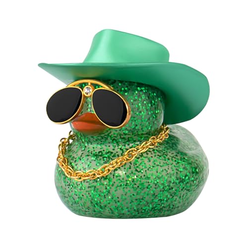 wonuu Car Rubber Duck, Dashboard Decorations Colorful Sparkly Cowboy Hat Ducks for Car Ornament Accessories with Hat, Diamond Glasses, Necklace, Glittering Dark Green