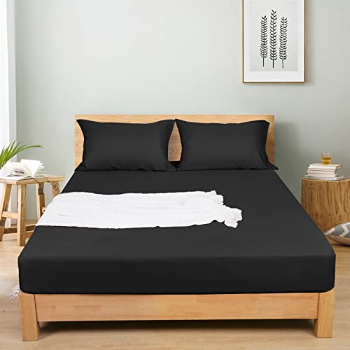 David's Home 100% Viscose From Bamboo Cooling Fitted Sheet, 16" Deep Pocket For Hot Sleeper, Silky Soft Breathable Cozy For All Seasons, 1 Piece Silky Bottom Sheet Only, Black, King Size #TOP17