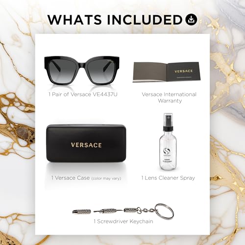 Versace VE4437U 54mm Polarized Pillow Sunglasses for Women – Black Acetate Frame with Black Temples, 100% UV Protection, Lightweight & Comfortable Sunglasses, eShades Eyewear Kit Included3